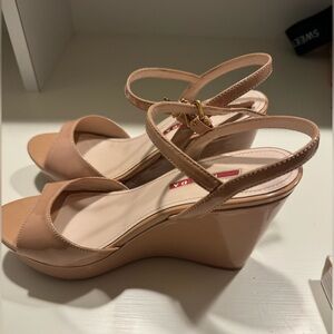 Prada Nude Patent Leather Wedge Sandal - 37.5